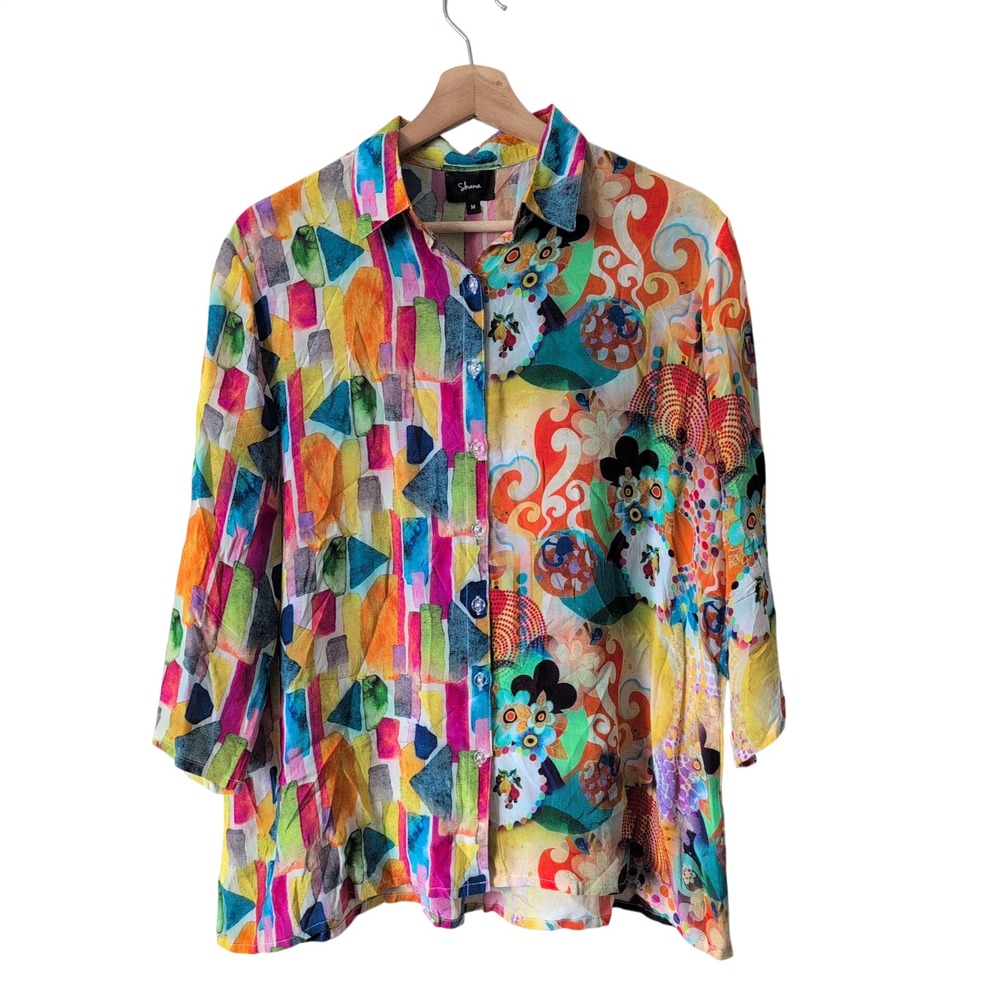 Shana Womens Abstract Geometric Print Button Up Viscose Silk Shirt Size M